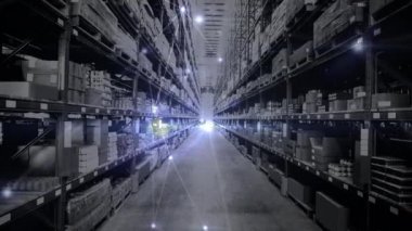 Depo üzerinden bağlantı ağının animasyonu. küresel gönderim, dağıtım, iş, veri işleme ve teknoloji konsepti dijital olarak oluşturulmuş video.