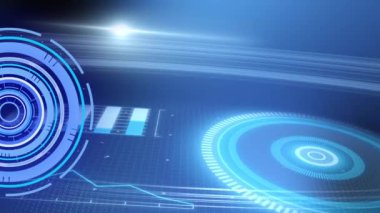 Kapsam taraması animasyonu ve mavi arkaplanda dijital ekran. Sosyal medya ve iletişim arayüzü kavramı dijital olarak oluşturulmuş video.