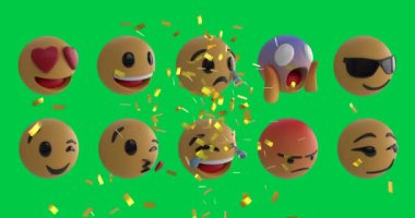 Yeşil arkaplana konfetilerin düşmesi üzerine emoji simgelerinin canlandırılması. küresel sosyal medya ve iletişim konsepti dijital olarak oluşturulmuş video.