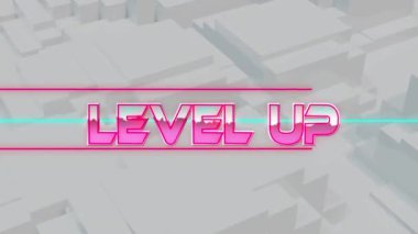 Beyaz arkaplandaki ışık izlerinin üzerindeki metnin canlandırması. Video oyunu, eğlence ve dijital arayüz kavramı dijital olarak oluşturuldu.