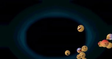 Karanlık arka planda birden fazla emojinin canlandırılması. Sosyal medya ve iletişim konsepti dijital olarak oluşturulmuş video.