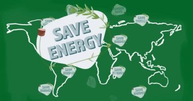 Yeşil arkaplanda tasarruf enerjisi yazıları canlandırması. çevre, sürdürülebilirlik, ekoloji, yenilenebilir enerji, küresel ısınma ve iklim değişikliği farkındalığı.