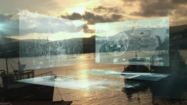 Tekneler ve göl üzerinde istatistik ve veri işleme animasyonu. küresel iş, finans ve veri işleme kavramı dijital olarak oluşturulmuş video.