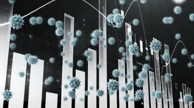 Hareket eden istatistiksel grafikler üzerinden virüs hücrelerinin animasyonu. küresel covid 19 salgını, bilim ve bağlantılar konsepti dijital olarak oluşturulmuş video.