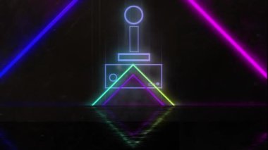 Siyah arkaplandaki neon şekillerin üzerinde joystick animasyonu. Video oyunu, eğlence ve dijital arayüz kavramı dijital olarak oluşturuldu.