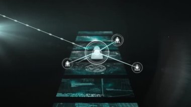 Kapsam taraması animasyonu ve ekranlar üzerinden insan simgeleriyle bağlantı ağı. küresel bağlantılar, ağ oluşturma ve dijital arayüz kavramı dijital olarak oluşturulmuş video.