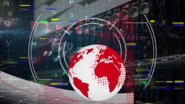 Veri işleme, küre ve siber saldırı uyarısı animasyonu. küresel iş, dijital arayüz, teknoloji ve ağ konsepti dijital olarak oluşturulmuş video.