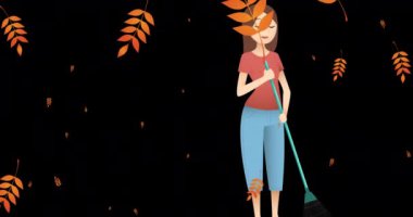 Süpürge tutan kadının üzerindeki yaprakların animasyonu. çevre, sürdürülebilirlik, ekoloji, yenilenebilir enerji, küresel ısınma ve iklim değişikliği farkındalığı.