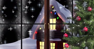 Penceresi ve evi olan bir Noel ağacının üzerine düşen kar animasyonu. Noel, gelenek ve kutlama konsepti dijital olarak oluşturuldu.