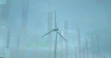 Kırsal bölgelerdeki rüzgar türbinleri üzerinde istatistik ve veri işleme animasyonları. çevre, sürdürülebilirlik, ekoloji, yenilenebilir enerji, küresel ısınma ve iklim değişikliği farkındalığı.