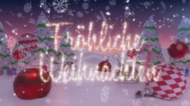 Kış manzarasında yılbaşı süslerinin üzerine düşen kar taneleri ve mesajlar. Noel şenliği ve kutlama konsepti