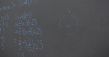 Gri arkaplan üzerinde matematiksel denklemlerin animasyonu. küresel eğitim, bağlantılar, veri işleme ve teknoloji konsepti dijital olarak oluşturulmuş video.