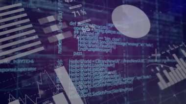 Karanlık arka planda istatistik ve veri işleme animasyonu. küresel bağlantılar, dijital arayüz ve dijital olarak oluşturulmuş video işleme konsepti.