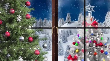 Noel ağacının üzerine düşen kar animasyonu ve pencereden görülen kış manzarası. Noel, kış, gelenek ve kutlama konsepti dijital olarak oluşturulmuş video.