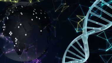 Bağlantı ağlarının animasyonu, kara arkaplan üzerindeki dünya ve DNA iplikçikleri. küresel bağlantılar, iletişim ve teknoloji konsepti dijital olarak oluşturulmuş video.