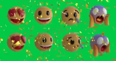 Yeşil ekran üzerine emoji simgeleri üzerine konfetilerin düşüşünün animasyonu. küresel sosyal medya, kutlama ve iletişim konsepti dijital olarak oluşturulmuş video.