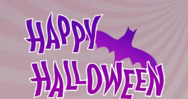 Cadılar Bayramı 'nın animasyonu ve çizgili mor arka plan üzerinde sallanan yarasa. Cadılar bayramı geleneği ve dijital olarak oluşturulan kutlama konsepti.