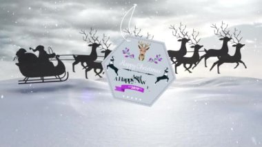 Kış manzarası boyunca kızakta Noel Baba 'nın Noel Baba' yı selamlamasıyla birlikte hediye etiketinin animasyonu. Noel, gelenek ve kutlama konsepti dijital olarak oluşturuldu.
