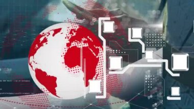 Akıllı telefon kullanan melez kadın üzerinden bilgisayar devre kartı ve dünyanın animasyonu. küresel iletişim, veri paylaşımı ve dijital arayüz kavramı, dijital olarak oluşturulmuş video.