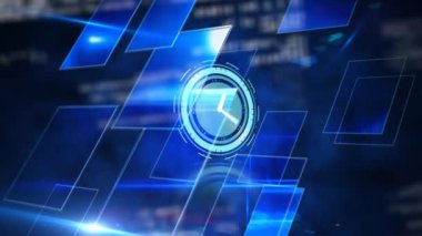 Siyah arkaplanda mavi şekiller üzerinde hareket eden saat ve veri işleme animasyonu. küresel bağlantılar, teknoloji, veri işleme ve dijital arayüz konsepti dijital olarak oluşturulmuş video.