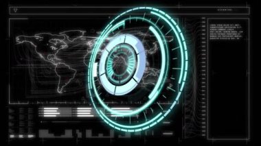 Siyah arkaplandaki veri işleme üzerinde dönen güvenli kilidin animasyonu. küresel hesaplama, veri işleme, bağlantılar ve dijital arayüz konsepti dijital olarak oluşturulmuş video.