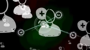 Siyah arka plandaki insanlar üzerindeki bağlantı ağının animasyonu. küresel ağlar, bağlantılar, veri işleme ve dijital arayüz kavramı dijital olarak oluşturulmuş video.