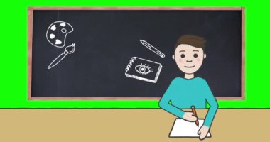 Okul çocuğunun yeşil arka planda okul öğeleri simgeleriyle tahtaya not aldığı animasyon. okul, eğitim ve öğrenim konsepti dijital olarak oluşturulmuş video.