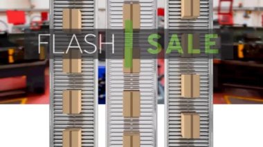 Taşıyıcı bantlardaki karton kutuların üzerinden flash satış metninin animasyonu. küresel dağıtım, nakliyat, alışveriş ve satış konsepti dijital olarak oluşturulmuş video.