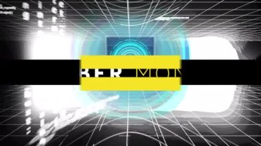 Çoklu yuvarlak tarayıcılar ve veri işleme karşı siber pazartesi metin afişi dijital animasyonu. satış indirimi ve perakende iş konsepti