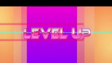 Renkli geometrik arkaplan üzerinde seviye yükseltilmiş metin canlandırması. Video oyunu, eğlence ve dijital arayüz kavramı dijital olarak oluşturuldu.