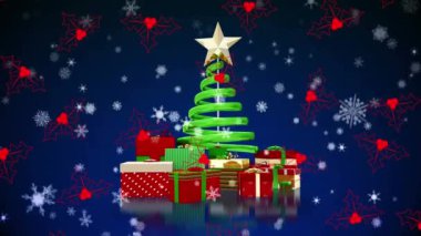Kırmızı ökse otu ikonları ve kar taneleri Noel ağacına ve mavi arka planda hediyelere çarpıyor. Noel şenliği ve kutlama konsepti