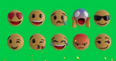 Yeşil arkaplana konfetilerin düşmesi üzerine emoji simgelerinin canlandırılması. küresel sosyal medya ve iletişim konsepti dijital olarak oluşturulmuş video.