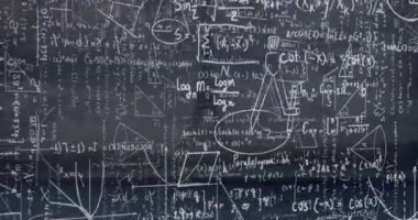 Siyah zemin üzerinde matematik formüllerinin animasyonu. küresel bilim, bağlantılar ve dijital arayüz konsepti dijital olarak oluşturulmuş video.