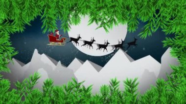 Noel Baba 'nın üzerinde yeşil ağaç dalları gece gökyüzünde ren geyikleri tarafından Ay' a doğru çekiliyor. Noel şenliği ve kutlama konsepti