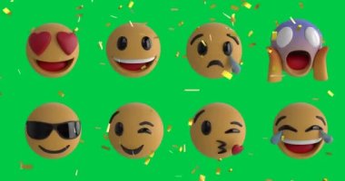 Yeşil ekran arka planında iki sıra emoji simgesinin üzerine düşen konfeti animasyonu. Dijital ortamda oluşturulan sosyal medya, iletişim ve kutlama konsepti.
