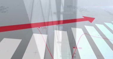 Şehir manzarası üzerinde istatistik işlenen kırmızı okun animasyonu. küresel iş, finans, veri işleme ve dijital arayüz kavramı dijital olarak oluşturulmuş video.