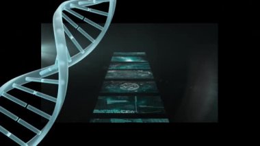 Veri işleme ile hareket eden ekranların üzerinde DNA ipliği döndürme animasyonu. küresel mühendislik, bağlantılar ve dijital arayüz konsepti dijital olarak oluşturulmuş video.