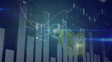 Bilgisayar devre kartından istatistik ve veri işleme animasyonu. küresel bağlantılar, dijital arayüz ve dijital olarak oluşturulmuş video işleme konsepti.