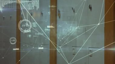 Koridordaki kadın üzerindeki bağlantı ağının animasyonu. okul, eğitim ve öğrenim konsepti dijital olarak oluşturulmuş video.