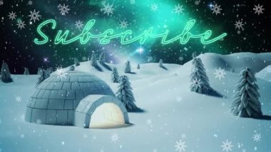 Kış manzarasında igloo üzerine düşen domuz animasyonu abone metni. Noel, kış, gelenek ve kutlama konsepti dijital olarak oluşturulmuş video.