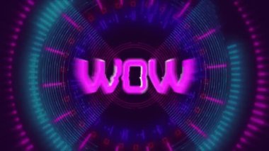 Vay be metninin animasyonu koyu arkaplanda hareket eden renkli dairelerin üzerinde. Video oyunu, eğlence ve dijital arayüz kavramı dijital olarak oluşturuldu.