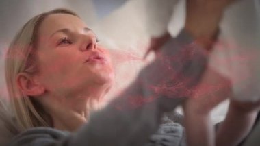 Beyaz bir annenin bebeğini kucağında taşıdığı ağ bağlantılarının animasyonu. annelik, sevgi, pozitif ebeveynlik ve çocukluk.