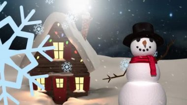 Kardan adamın üzerine düşen kar tanelerinin ve kış manzarasının animasyonu. Noel, gelenek ve kutlama konsepti dijital olarak oluşturuldu.