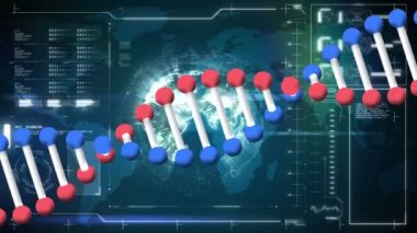 Siyah arka plandaki veri işleme üzerindeki DNA iplikçiklerinin animasyonu. küresel hesaplama, veri işleme, bağlantılar ve dijital arayüz konsepti dijital olarak oluşturulmuş video.