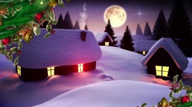 Noel Baba 'ya karşı Noel çelengi süslemesi. Ren geyikleri tarafından şehir manzarası üzerinde çekiliyor. Noel şenliği ve kutlama konsepti