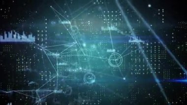 Koyu mavi arka planda çeşitli veri işleme animasyonları. küresel ağlar, bağlantılar, veri işleme ve dijital arayüz kavramı dijital olarak oluşturulmuş video.
