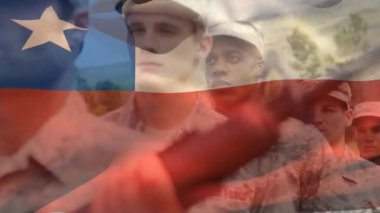 Çeşitli erkek askerler üzerinde Şili bayrağının animasyonu. Ordu, sivil savunma, vatanseverlik konsepti dijital olarak oluşturulmuş video.
