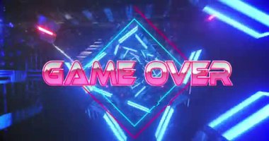 Oyunun animasyonu, hareket eden dijital tünel üzerindeki metin üzerinde. Video oyunu, eğlence ve dijital arayüz kavramı dijital olarak oluşturuldu.