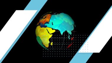 Siyah arka planda dönen 3 boyutlu küre üzerinde hareket eden geometrik şekillerin animasyonu. küresel mühendislik, bağlantılar ve dijital arayüz konsepti dijital olarak oluşturulmuş video.