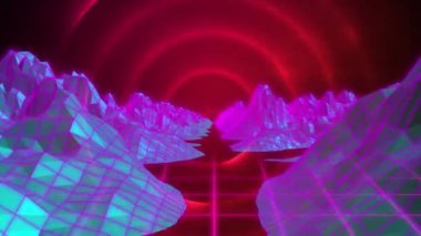 Kırmızı daireler üzerinde hareket eden dağların animasyonu. renk, hareket ve sinematografi kavramı dijital olarak oluşturulmuş video.